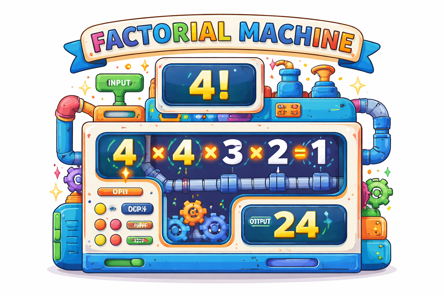 Illustration of a factorial calculator expanding the number four into a multiplication chain