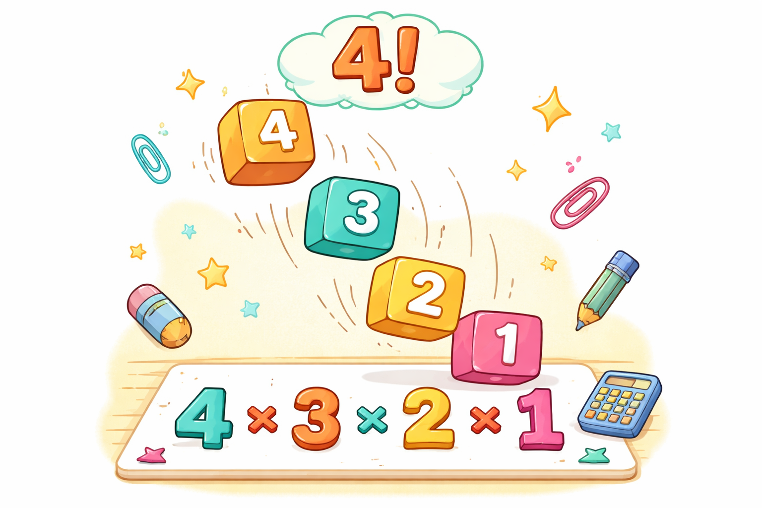 Illustration showing 4 factorial expanding into 4 times 3 times 2 times 1 with colorful number blocks