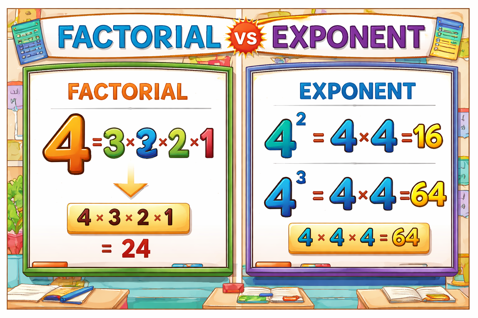 Split illustration comparing factorial multiplication with exponent multiplication