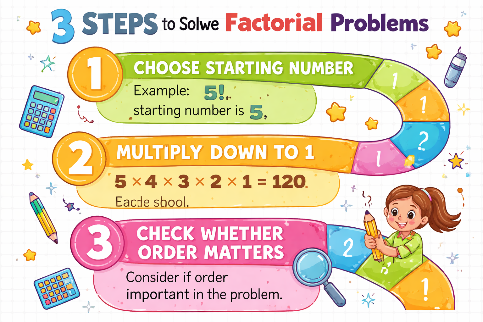 Three step infographic for solving factorial questions